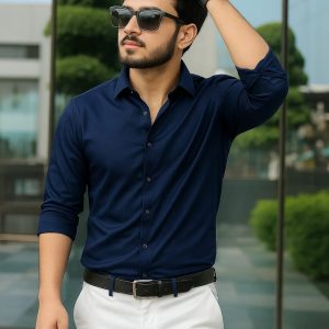 Navy Color — Spandex Glossy Fabrics Shirt