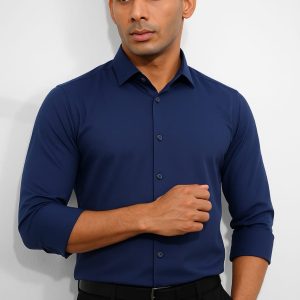Navy Spandex Glossy Fabrics Shirt